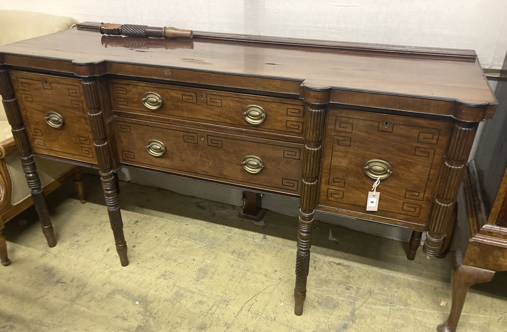 A George IV Scottish ebony strung mahogany sideboard, width 180cm depth 64cm height 96cm